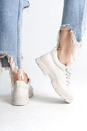 Jane Bağcıklı Ortopedik Taban Kadın Sneaker Spor Ayakkabı  Kt - Krem