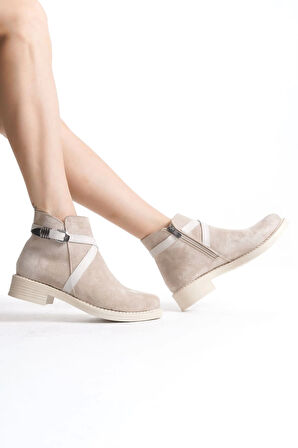 Almıla Fermuarlı Lastikli Ortopedik Taban Topuklu Süet Kadın Bot  Tt - Ten