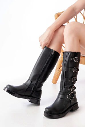 Siyah Düz Topuklu Günlük Kadın Binici Çizme