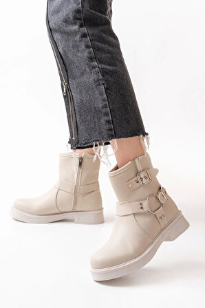 Bej Toka Aksesuarlı Fermuarlı Günlük Kadın Bot