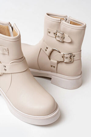 Bej Toka Aksesuarlı Fermuarlı Günlük Kadın Bot