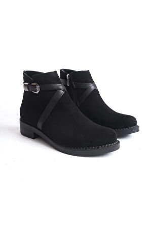 Almıla Fermuarlı Lastikli Ortopedik Taban Topuklu Süet Kadın Bot St - Siyah