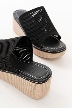 Siyah Triko Günlük Ortopedik Dolgu Topuk Kadın Terlik