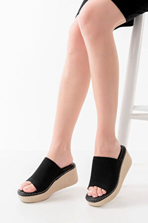 Siyah Triko Günlük Ortopedik Dolgu Topuk Kadın Terlik