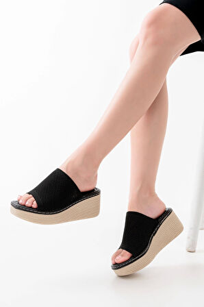 Siyah Triko Günlük Ortopedik Dolgu Topuk Kadın Terlik