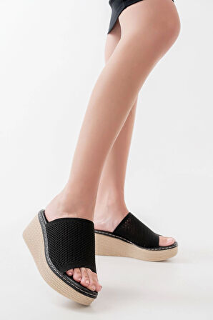 Siyah Triko Günlük Ortopedik Dolgu Topuk Kadın Terlik