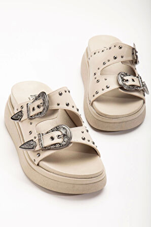 Bej Dolgu Topuk Kadın Sandalet