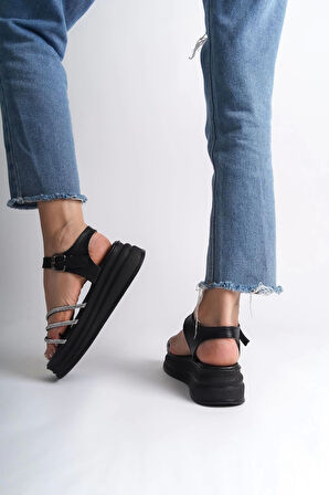 Eva Kalın Tokalı Taşlı Şeritli Ortopedik Taban Kadın Sandalet  St - Siyah