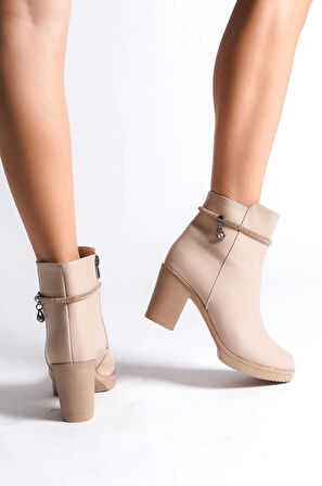 Arıa Fermuarlı Ortopedik Taban Taşlı Topuklu Kadın Bot Tt - Ten