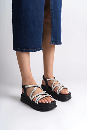 Elena Lastikli Taşlı Şeritli Ortopedik Taban Kadın Sandalet St - Siyah