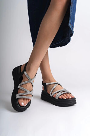 Elena Lastikli Taşlı Şeritli Ortopedik Taban Kadın Sandalet St - Siyah