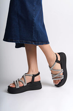 Elena Lastikli Taşlı Şeritli Ortopedik Taban Kadın Sandalet St - Siyah