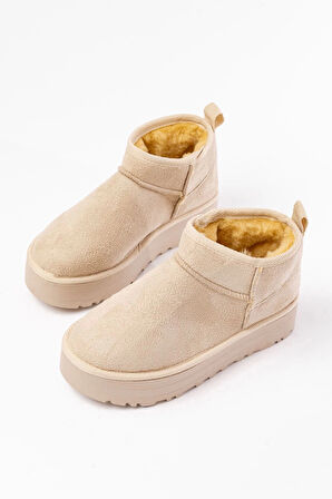 Bej Süet İçi Kürklü Kışlık Kapalı Burun Kadın Günlük Terlik
