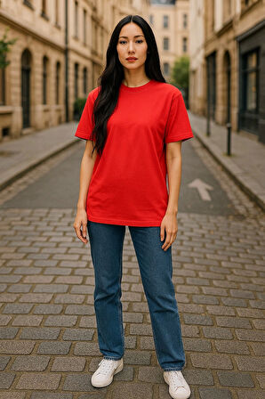 Regular Kalıp Kadın - Erkek Unisex Basic Tişört Kırmızı