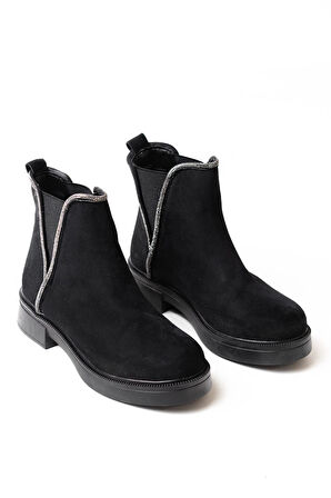 Siyah Süet Taş Aksesuarlı Lastikli Günlük Kadın Bot