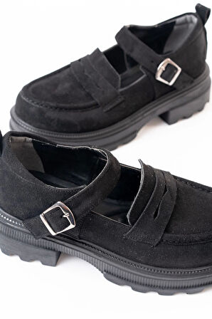 Siyah Süet Kadın Günlük Yüksek Tabanlı Loafer Ayakkabı