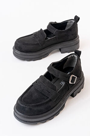 Siyah Süet Kadın Günlük Yüksek Tabanlı Loafer Ayakkabı