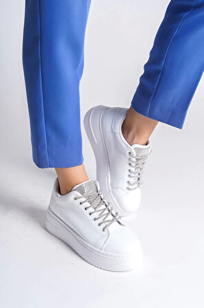 Della Bağcıklı Ortopedik Taban Taşlı Kadın Sneaker Spor Ayakkabı Bt - Beyaz
