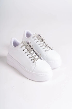 Della Bağcıklı Ortopedik Taban Taşlı Kadın Sneaker Spor Ayakkabı Bt - Beyaz