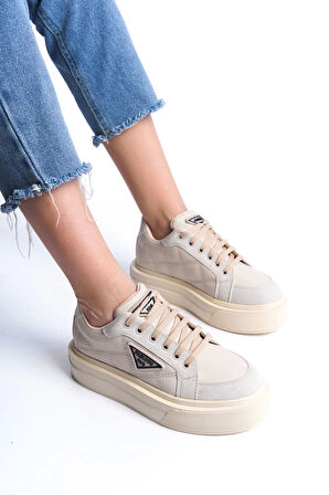 Prag Bağcıklı Ortopedik Taban Desenli Kadın Sneaker Spor Ayakkabı  Kt - Krem