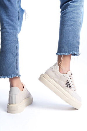 Prag Bağcıklı Ortopedik Taban Desenli Kadın Sneaker Spor Ayakkabı  Kt - Krem