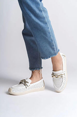 Layla Bağcıksız Ortopedik Rahat Taban Kalp Desenli Kadın Babet Ayakkabı  Kt - Beyaz