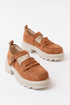 Taba Süet Kadın Günlük Yüksek Tabanlı Loafer Ayakkabı