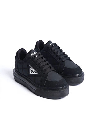 Prag Bağcıklı Ortopedik Taban Desenli Kadın Sneaker Spor Ayakkabı  St - Siyah
