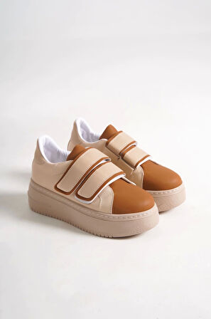 Valencıa Bağcıksız Cırt Cırtlı Ortopedik Taban Kadın Sneaker Spor Ayakkabı Tt - Ten/kahve