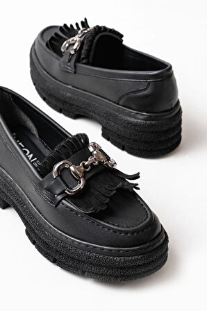 Siyah Tokalı Günlük Yüksek Tabanlı Loafer Ayakkabı