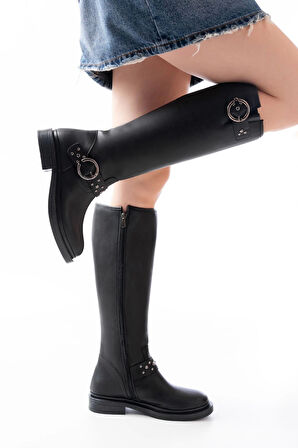 Siyah Toka Aksesuarlı Lastikli Fermuarlı Günlük Kadın Çizme