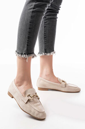 Bej Süet Toka Aksesuarlı Günlük Kadın Babet