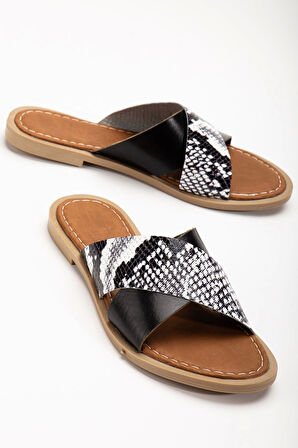 Siyah Ortopedik Hakiki Deri Çapraz Bantlı Kadın Terlik