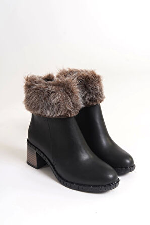 Julıa Fermuarlı Ortopedik Taban Tüylü Topuklu Kadın Bot St - Siyah