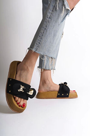 Dıla Kalın Ve Ortopedik Taban Ayıcıklı Saten Kadın Terlik  Kt - Siyah