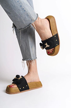 Dıla Kalın Ve Ortopedik Taban Ayıcıklı Saten Kadın Terlik  Kt - Siyah