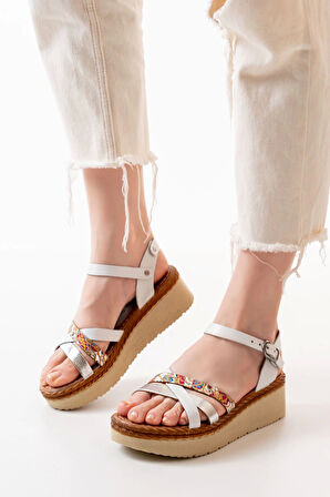 730-015 Beyaz Garni Ortopedik Hakiki Deri Dolgu Kadın Sandalet