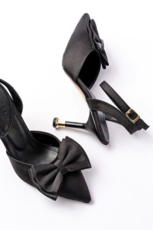 İNF-4505 Siyah Saten Günlük Arkası Açık Kurdele detaylı Topuklu Kadın Ayakkabı