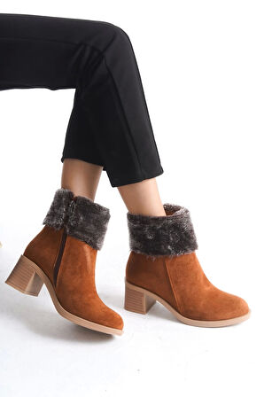 Katya Fermuarlı Ortopedik Taban Topuklu Kürk Detaylı Süet Kadın Bot  Tt - Taba