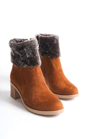 Katya Fermuarlı Ortopedik Taban Topuklu Kürk Detaylı Süet Kadın Bot  Tt - Taba