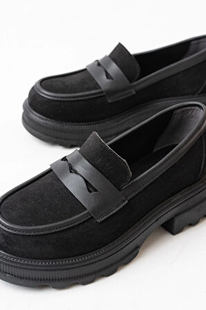 Siyah Süet Günlük Yüksek Tabanlı Loafer Ayakkabı