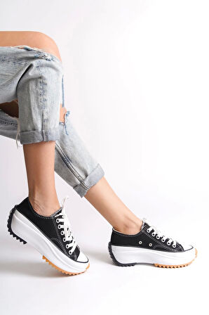 Parıs Bağcıklı Ortopedik Taban Kadın Sneaker Spor Ayakkabı  Bt - Siyah