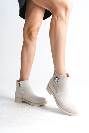 Luna Fermuarlı Lastikli Ortopedik Taban Topuklu Süet Kadın Bot Kt - Krem