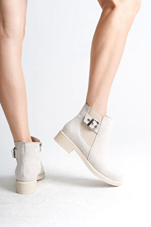 Luna Fermuarlı Lastikli Ortopedik Taban Topuklu Süet Kadın Bot Kt - Krem