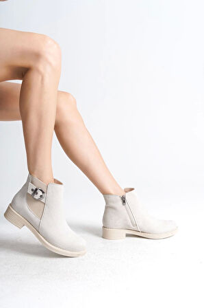 Luna Fermuarlı Lastikli Ortopedik Taban Topuklu Süet Kadın Bot Kt - Krem