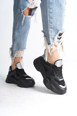 Tokyo Bağcıklı Ortopedik Taban Triko Detaylı Kadın Spor Ayakkabı  St - Siyah/gri