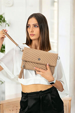 Uzun Askılı Kadın Vizon Clutch Portföy Çantası