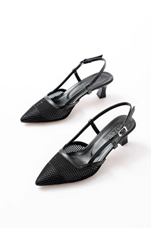 K-607 Siyah Günlük Fileli Arkası Açık 7 cm Topuklu Kadın Ayakkabı