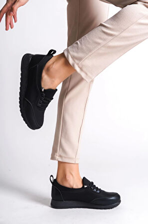 Vıolet Bağcıklı Lastikli Ortopedik Rahat Taban Cilt Detaylı Klasik Kadın Babet Anne Ayakkabısı St - Siyah