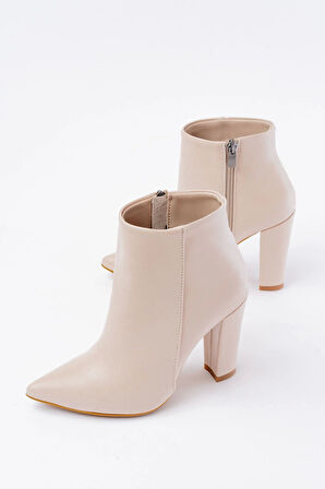 Bej Yüksek Topuklu Fermuarlı Kadın Bot